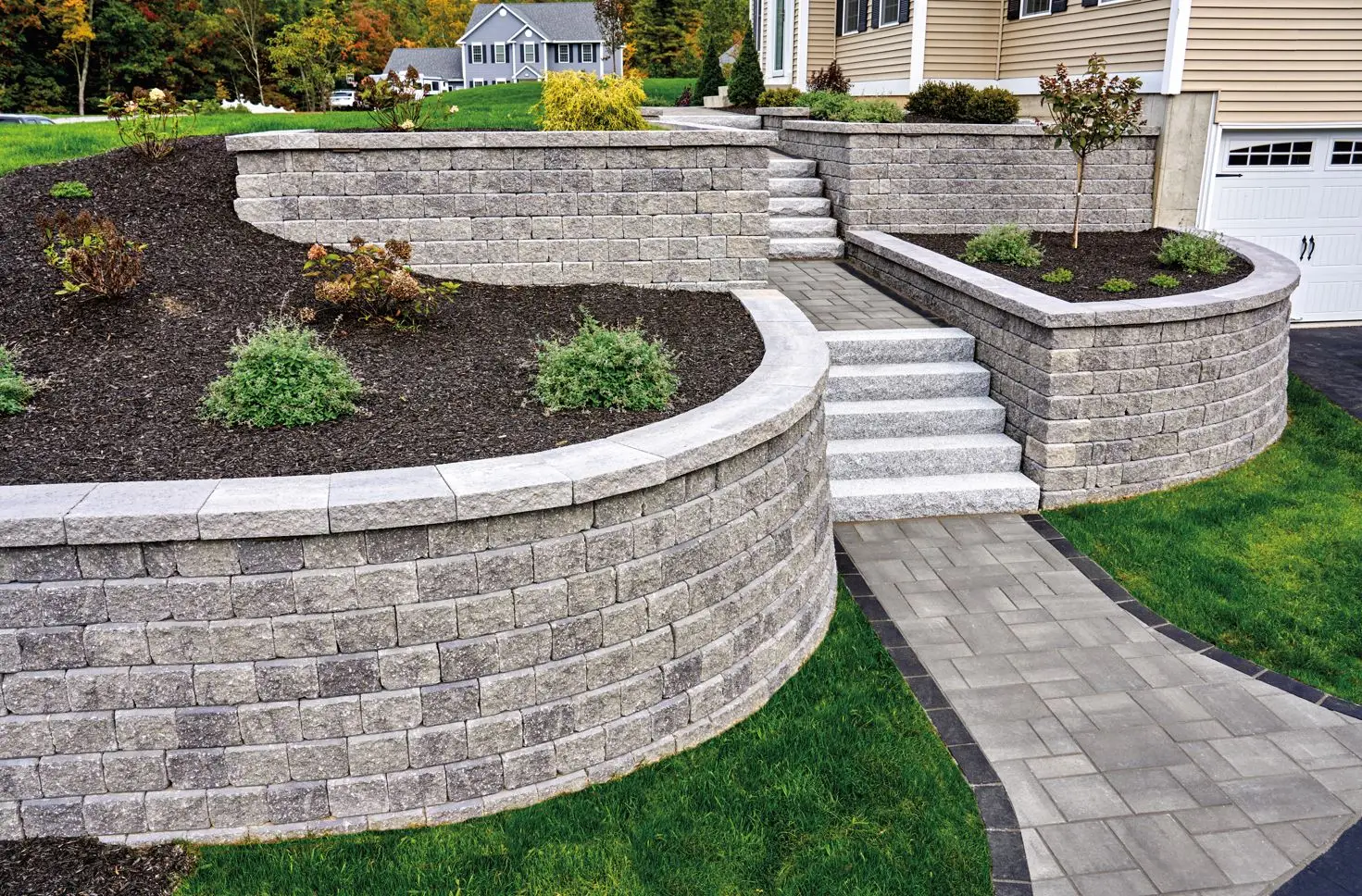 Landscaped backyard showing retaining wall, lawn, and garden steps