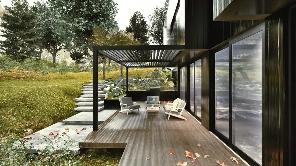 Pergolas with sitting area.