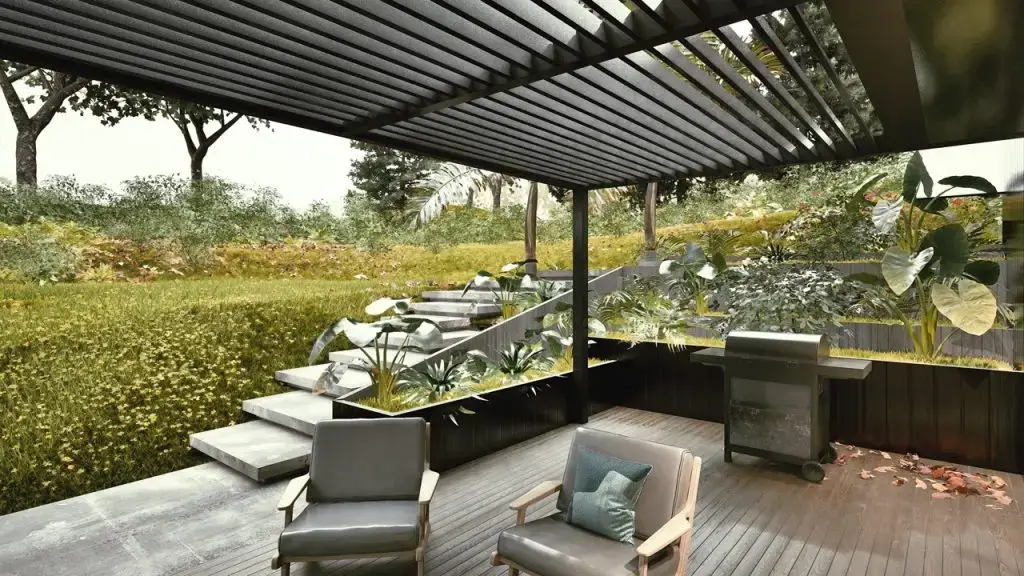 Pergolas with maintained garden.